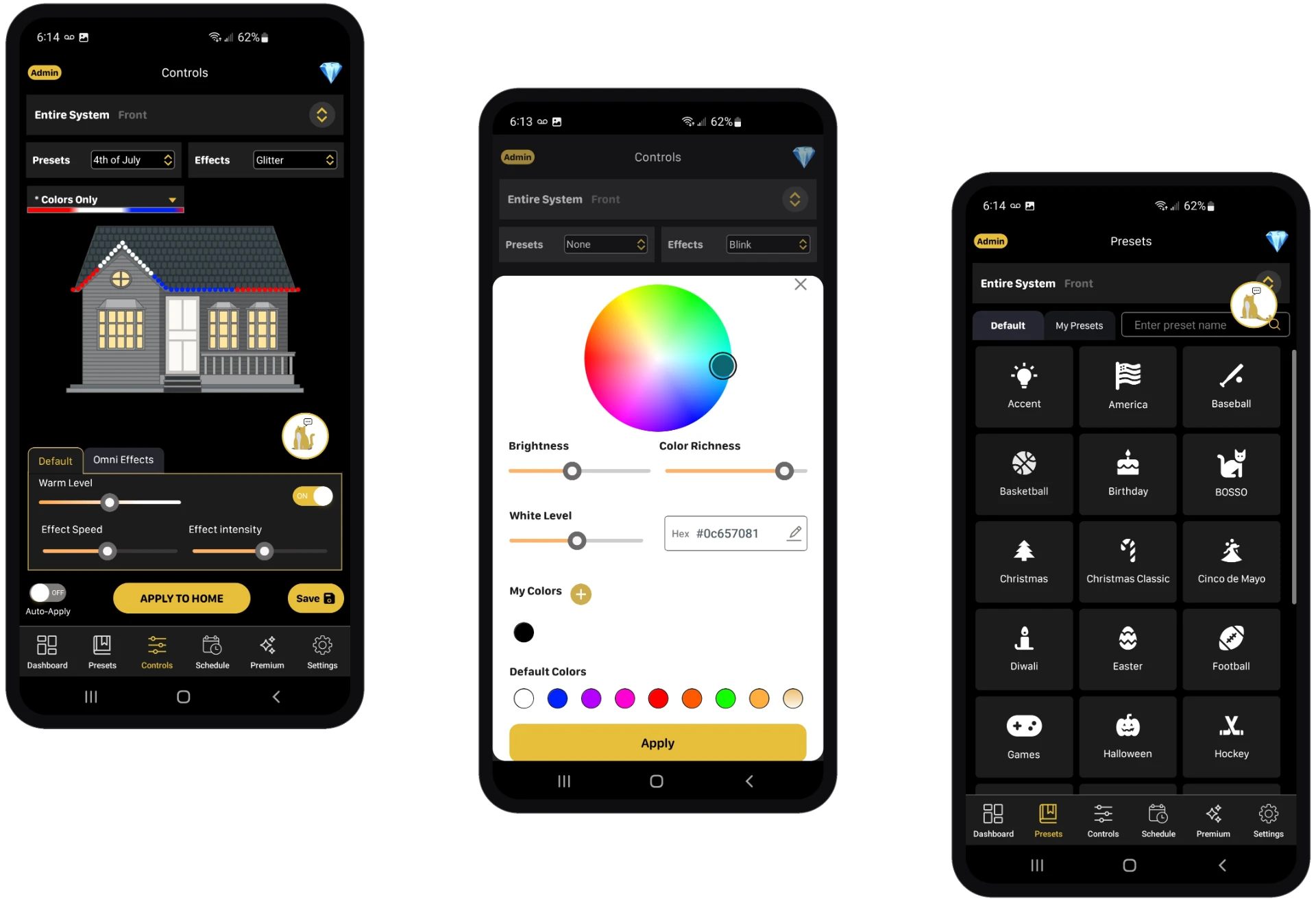 The Bosso app showing presets, schedules, and zone controls on three phones