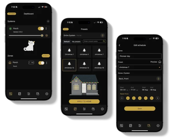 The Bosso app showing presets, schedules, and zone controls